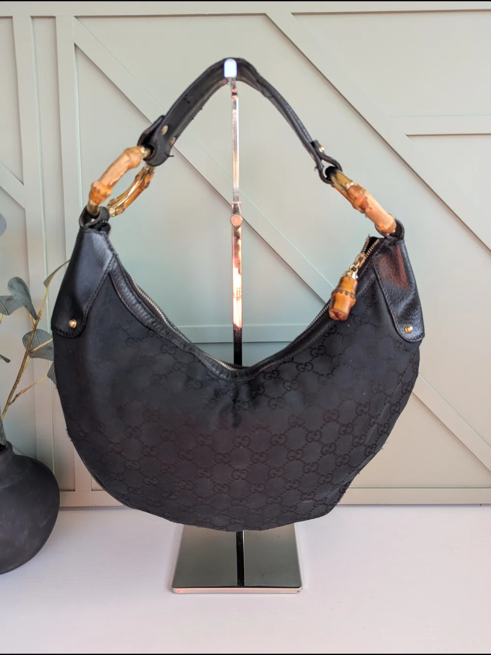 Gucci Black Crescent Bamboo-Handle Shoulder Bag
